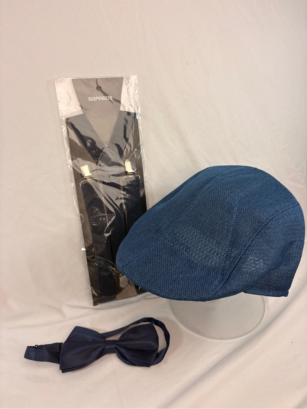 Blue Men's Flat Cap with Matching Bow Tie and Suspenders